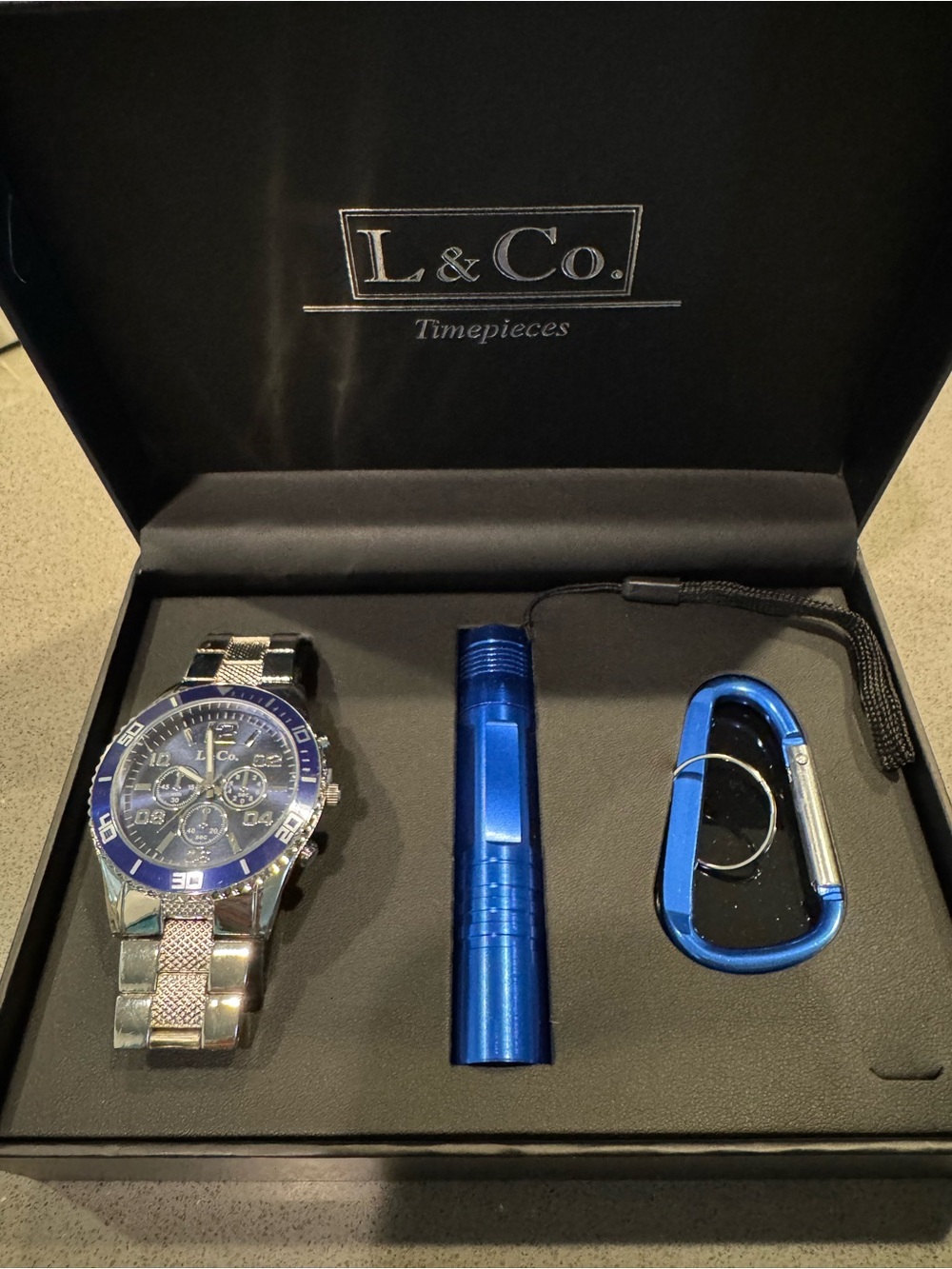 L & Co. Timepieces Men’s Watch Set in silver and blue